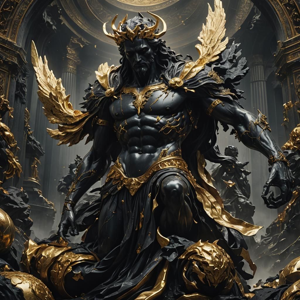Fallen God Statue in Black Marble and Gold