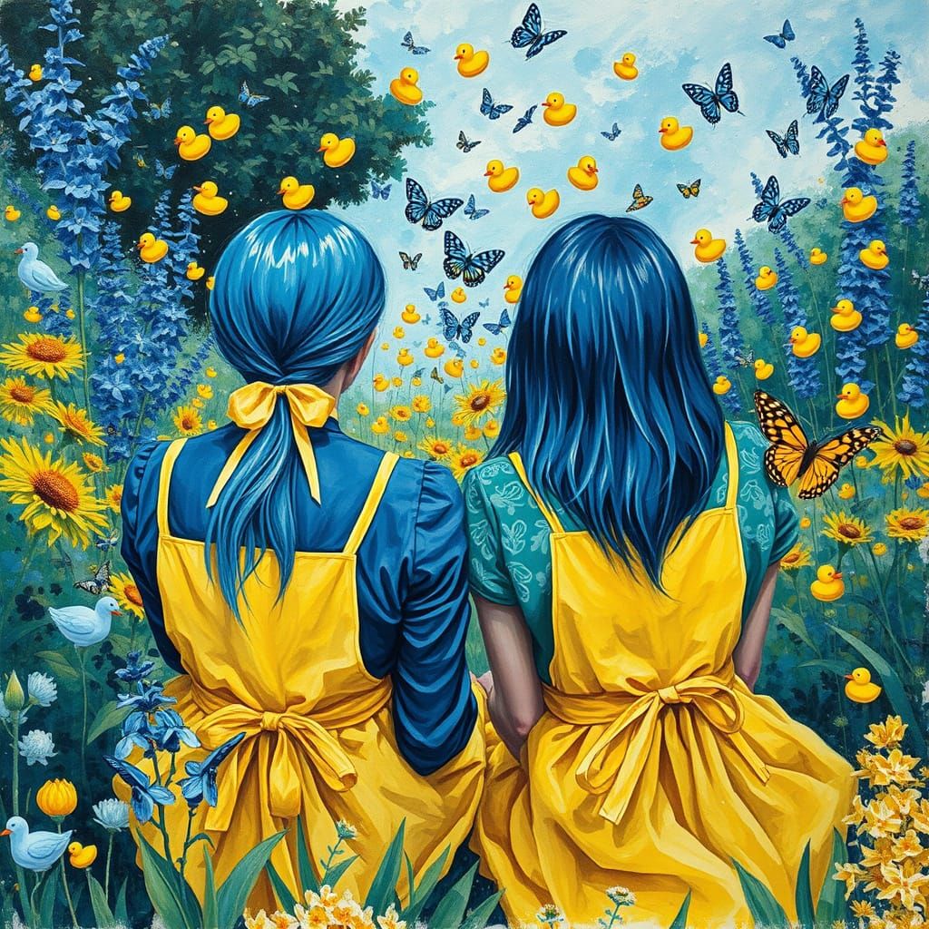 Magical Garden with Flying Ducks in Gouache Style