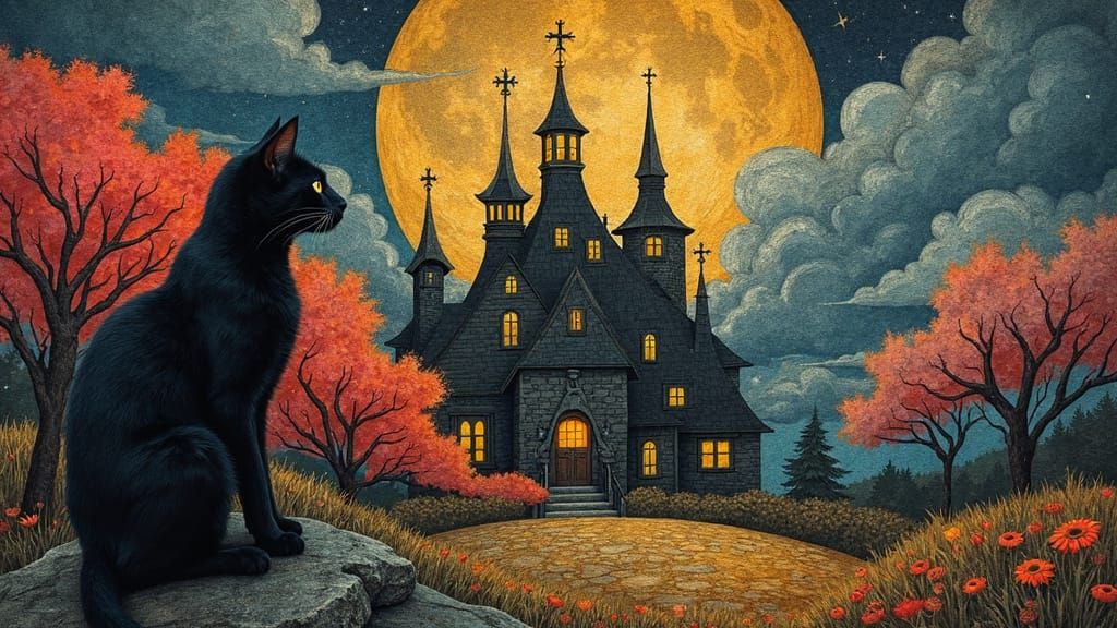 Horror Black Cat in Ancient Garden by Moon