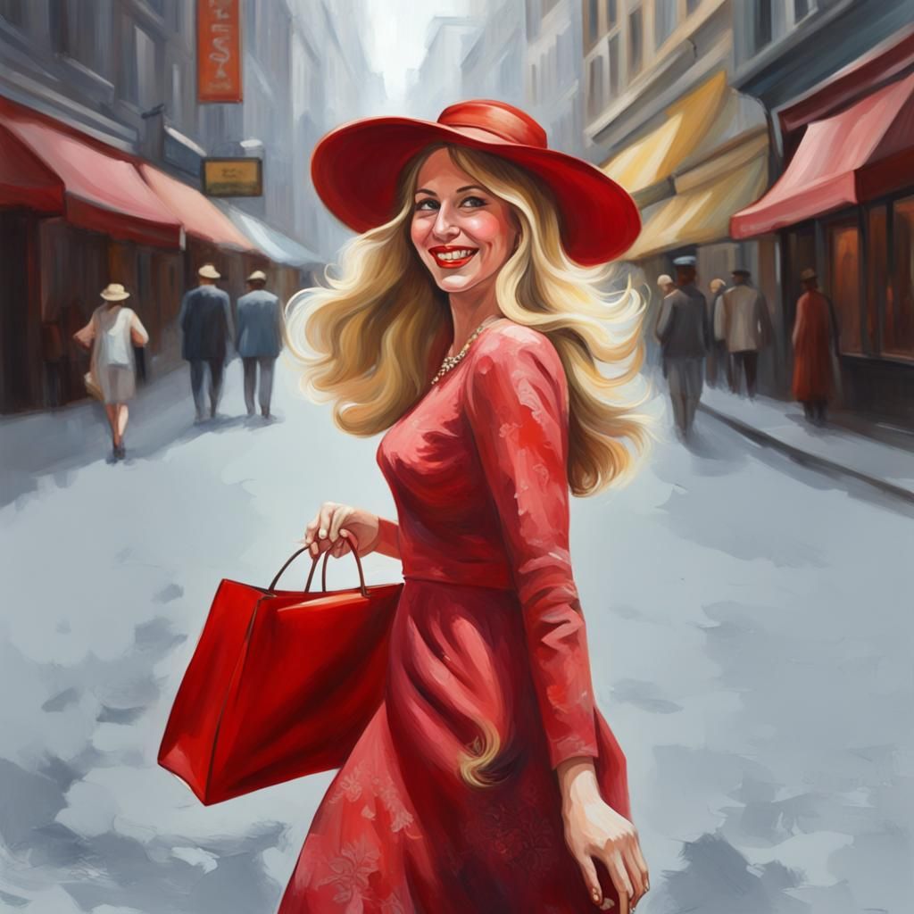Painting of a smiling blonde woman wearing a red dress and red summer hat, red shopping bag, walking down a city street ...