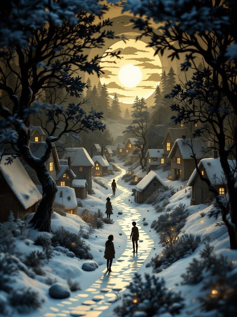 Grisaille Village Sleeping in LED Shadowbox Diorama