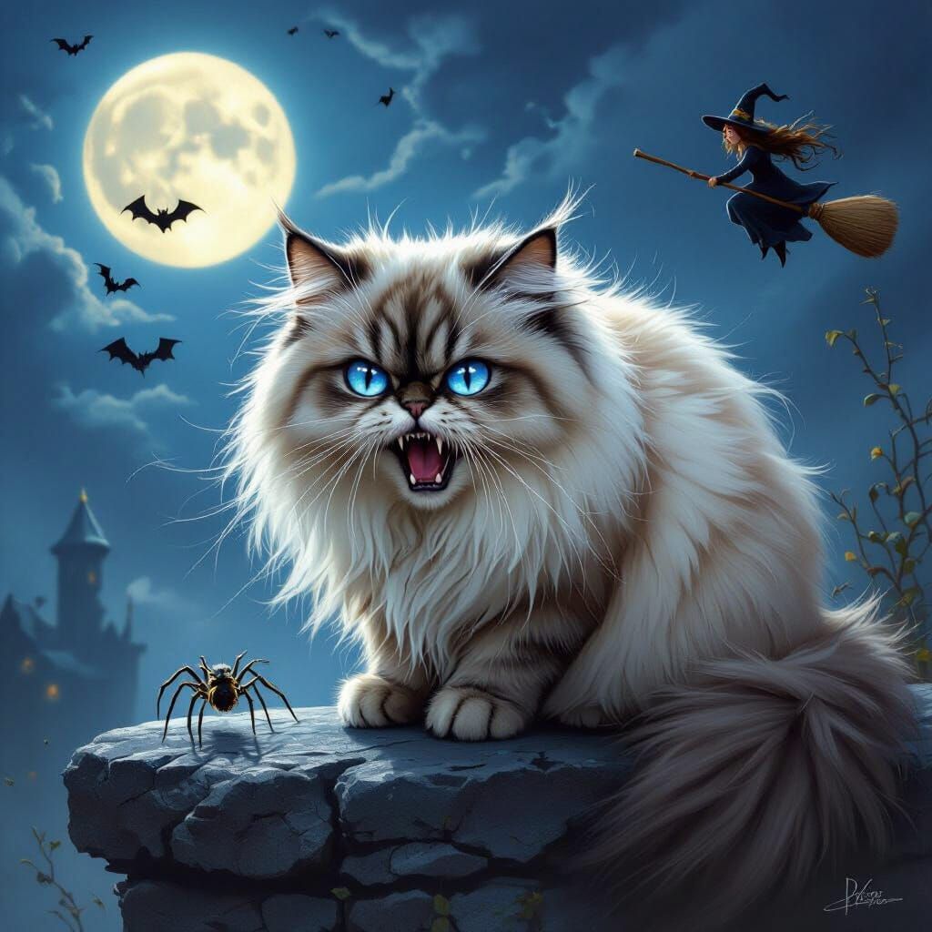 Angry Cat Hisses at Spider Under Full Moon