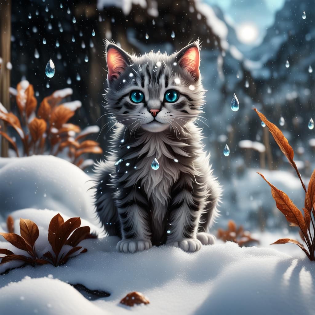 Baby Cat in Snowy Landscape, Detailed Digital Painting