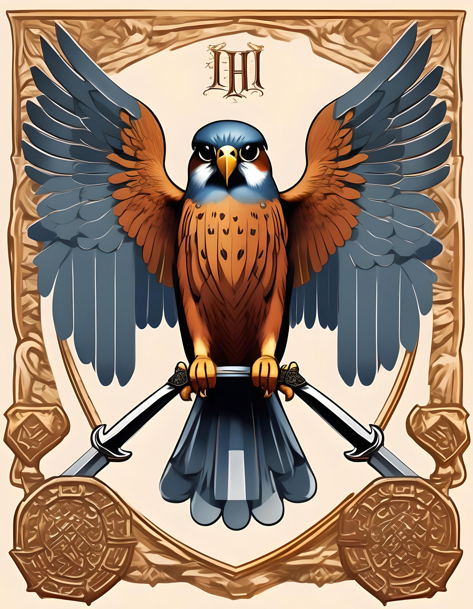 Kestrel Family Crest with Roman Sword and Norse Elements