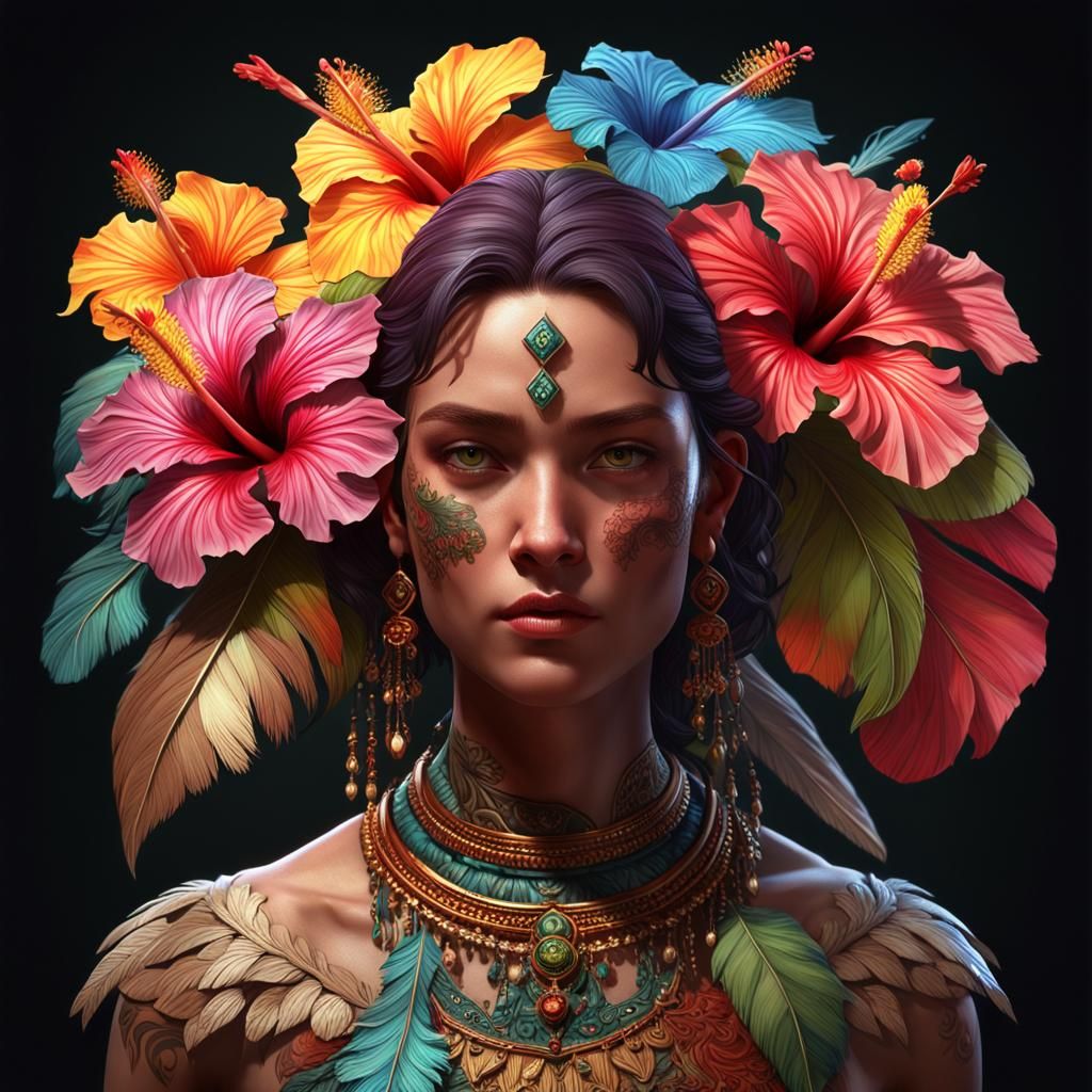 Hybrid Human-Hummingbird with Hibiscus, Fantasy Art