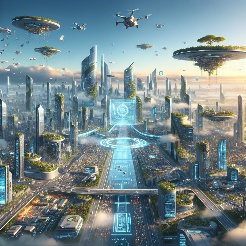 Futuristic City 2035 with Floating Parks and Hovering Vehicl...