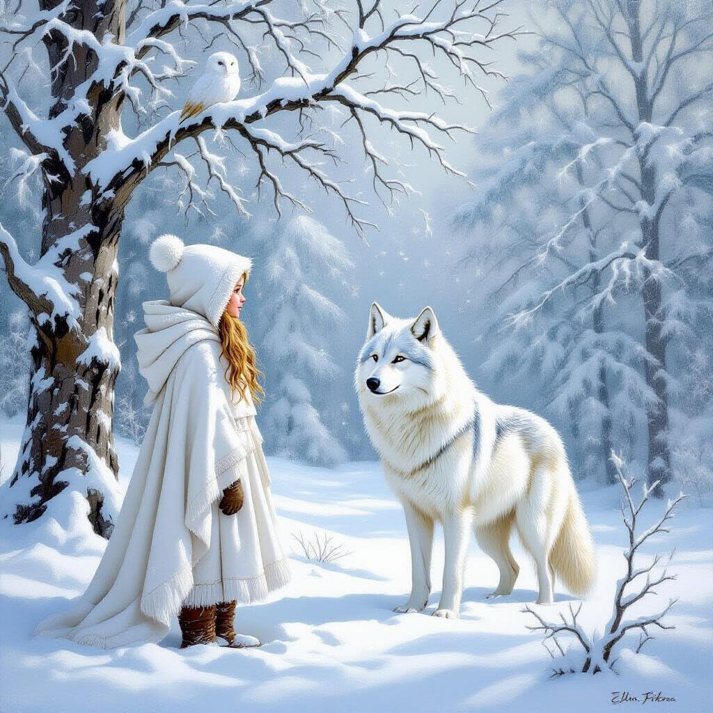 Monochrome Winter Fantasy Painting of Ellie and Shiloh