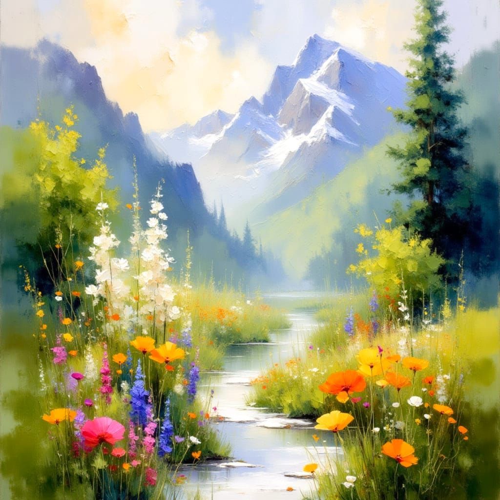 Lush Spring Valley in Ethereal Watercolour