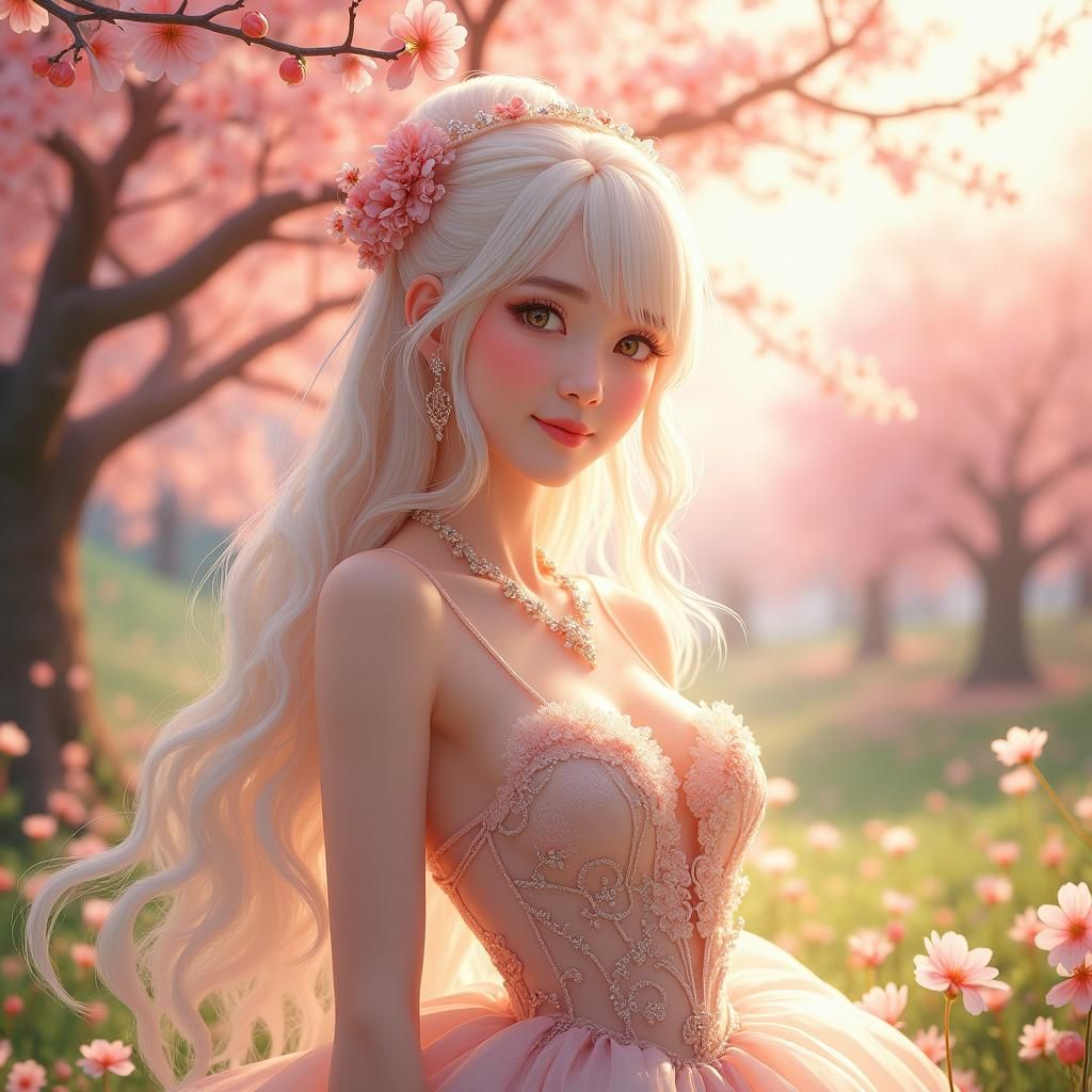 Anime Princess in Cherry Blossom Garden