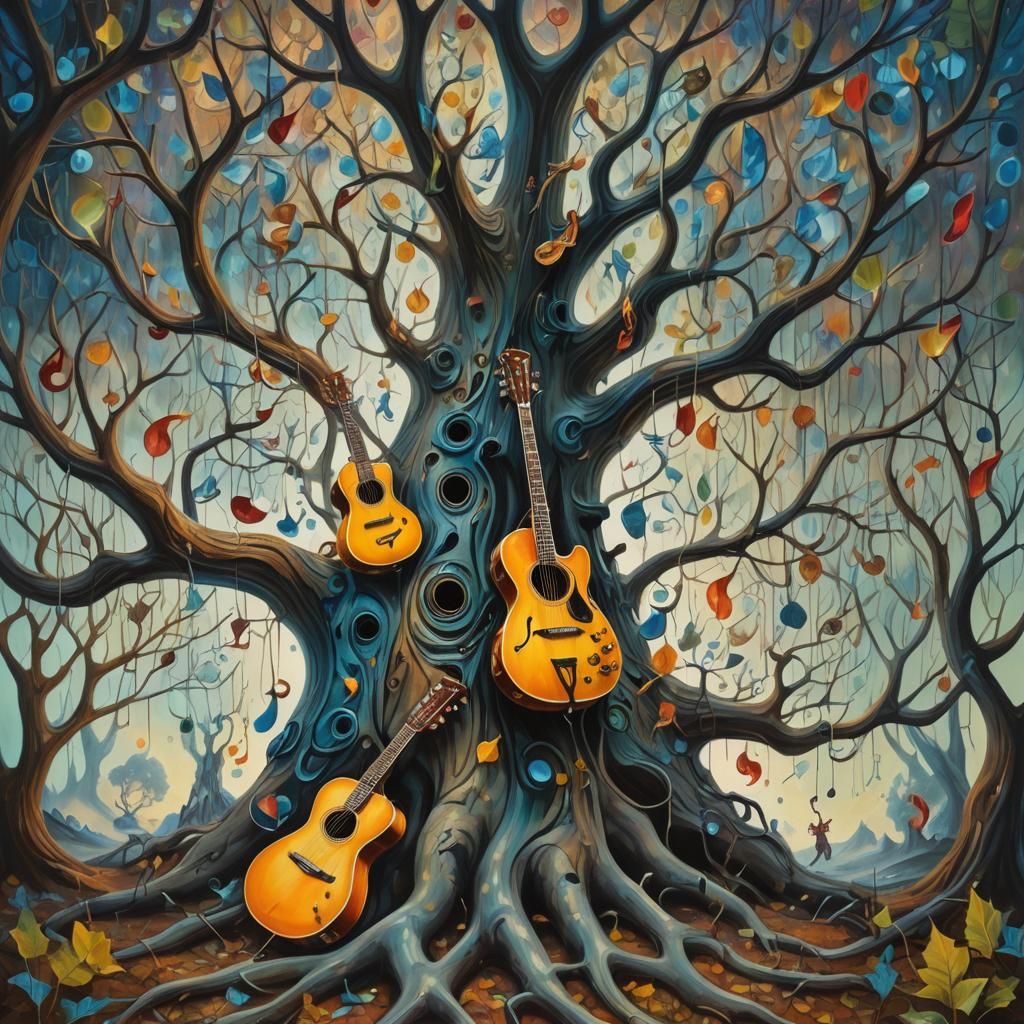 Surreal Guitar Tree in Dreamlike Forest