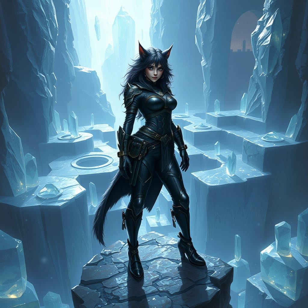 A catgirl rogue stands defiantly on the precipice of a floating crystal labyrinth.
