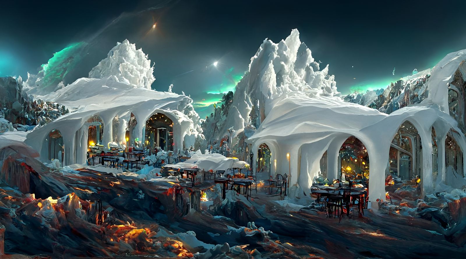 Aurora Borealis Over Snow Cafe Architecture