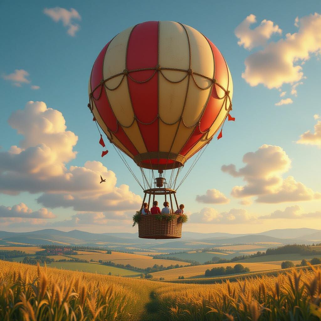 Family Balloon Ride Over Farmland