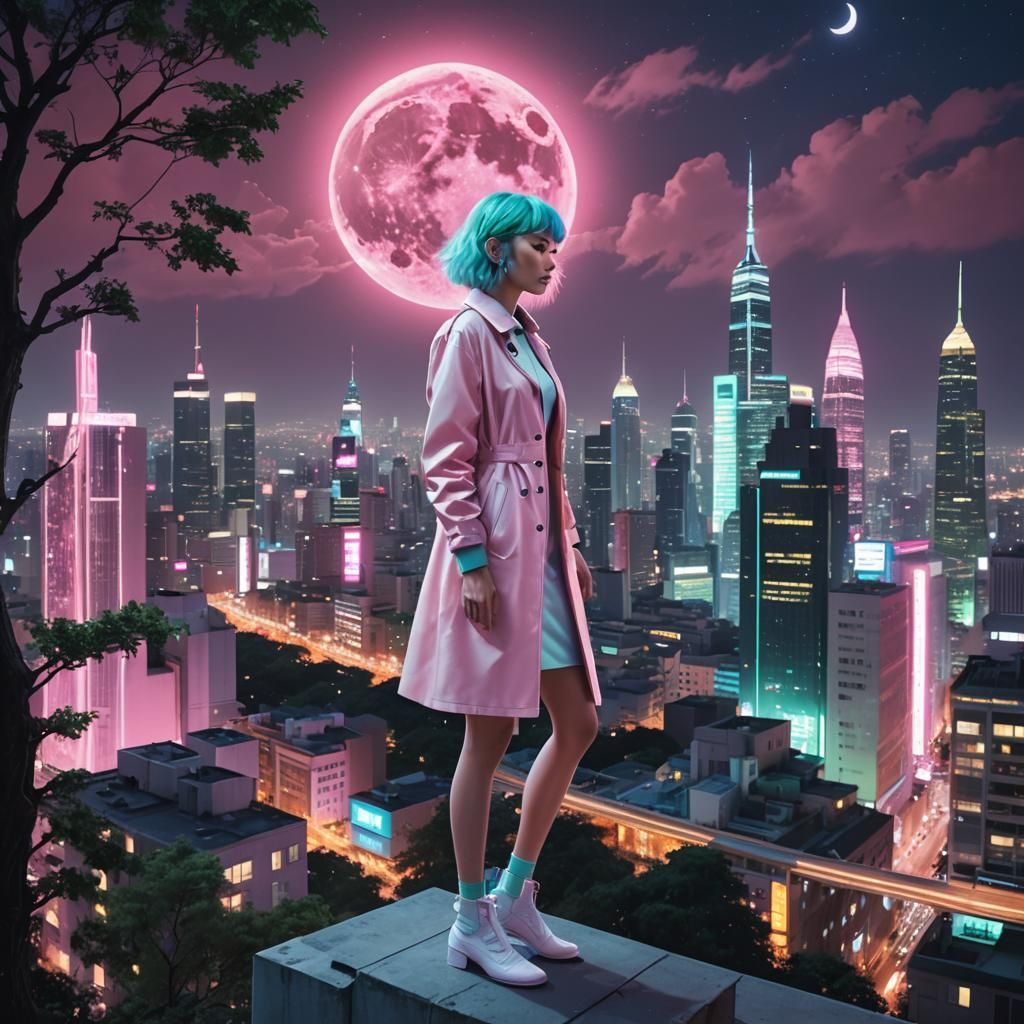 Futuristic Cyberpunk Cityscape with Figures in Pastel Colors