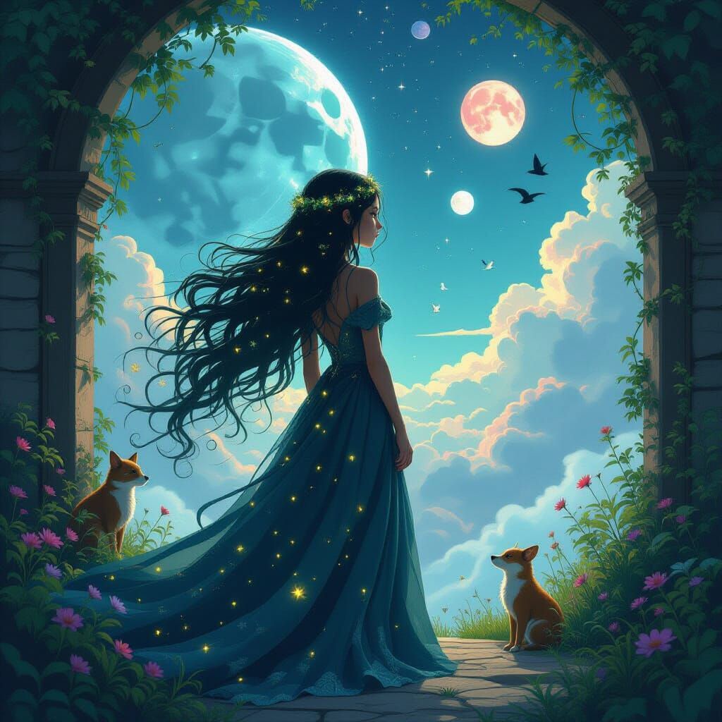 Dreamlike Threshold: Cosmic Surrealism with Jungle Hair