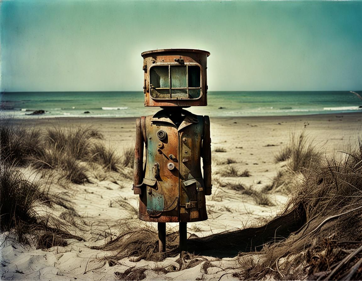 Surreal Anthropomorphic Beach Scene in Vintage Style