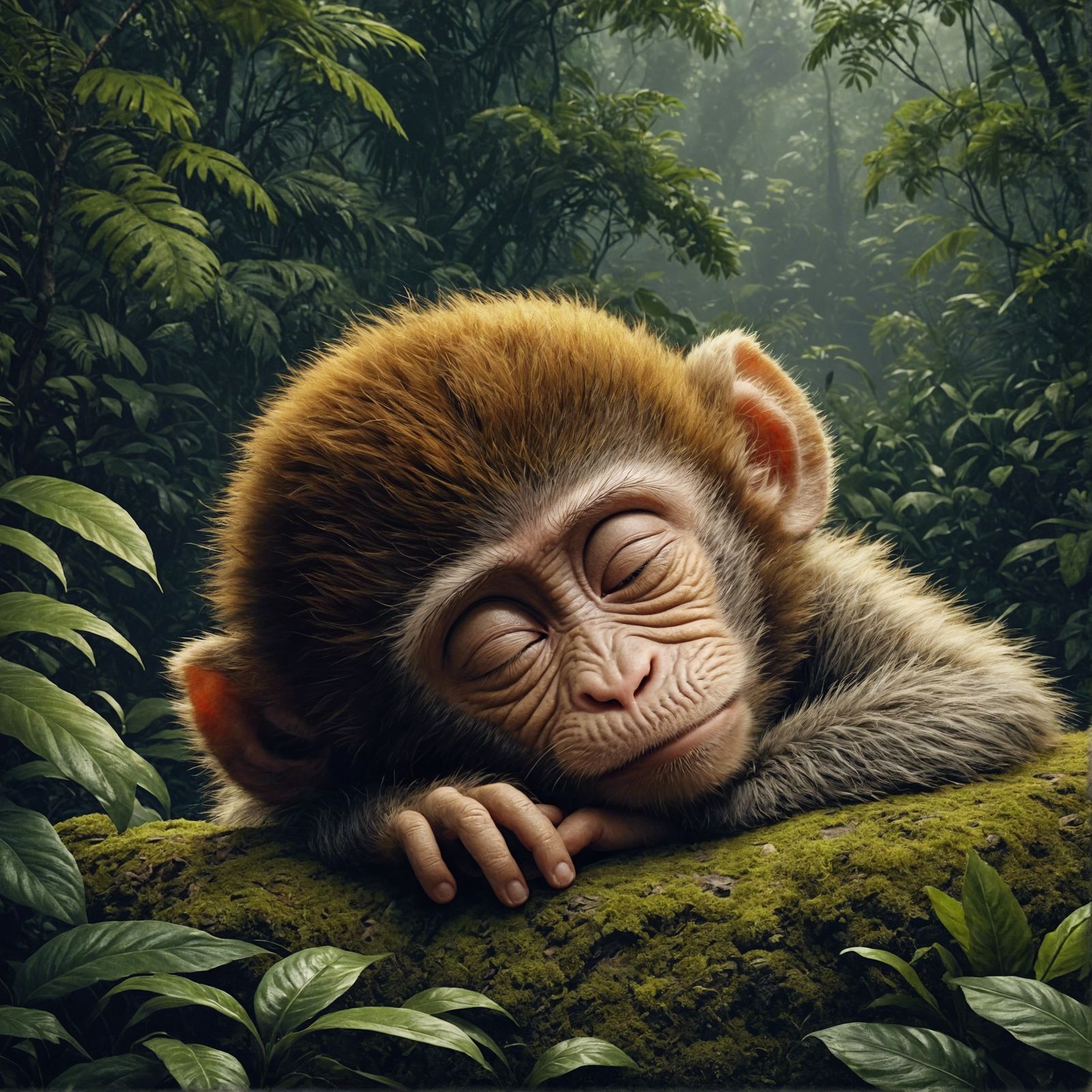 CGI Baby Monkey Sleeping in Rainforest as Oil Painting
