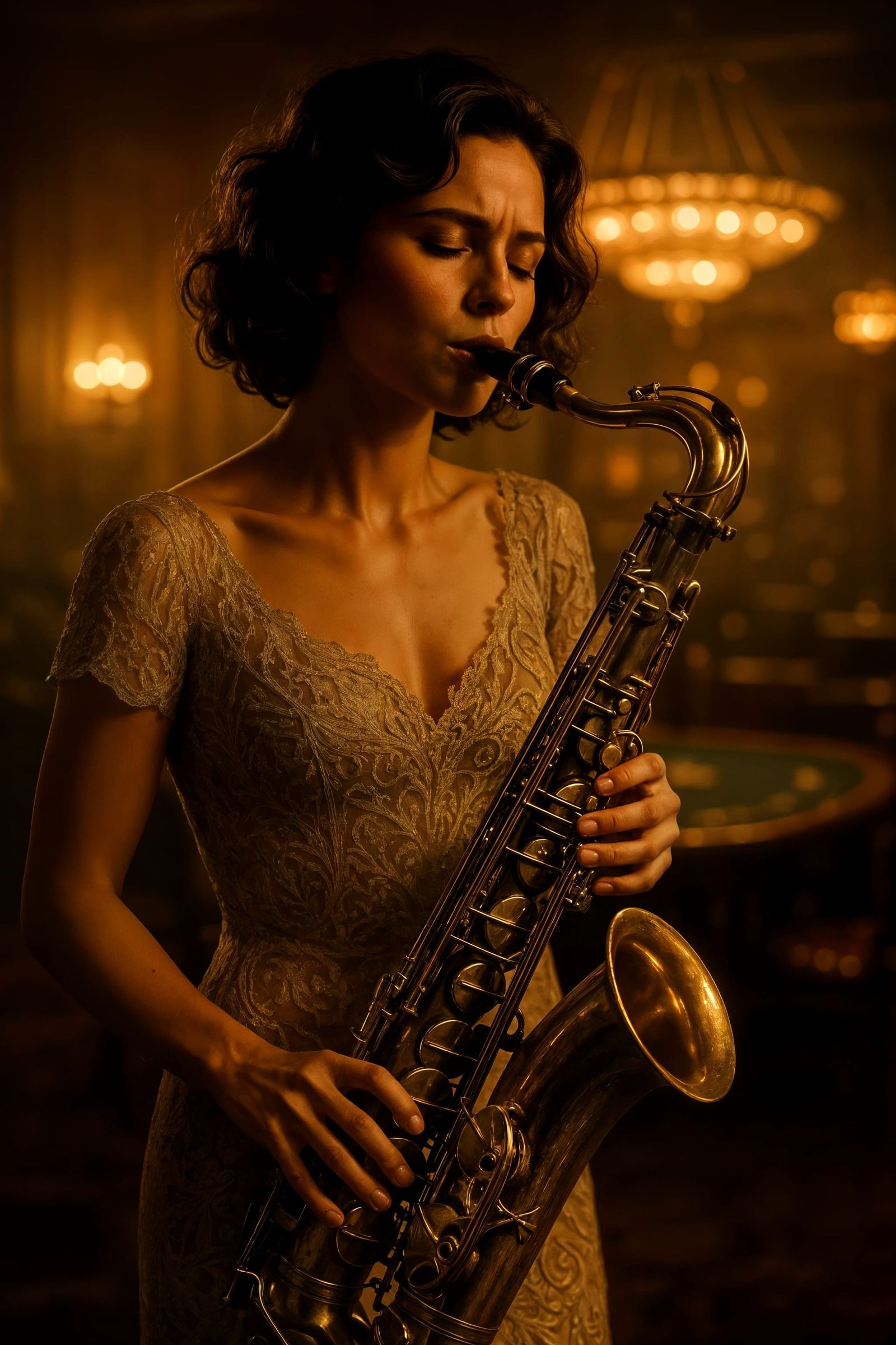 Smoky Casino Saxophonist in 1930s Noir Style
