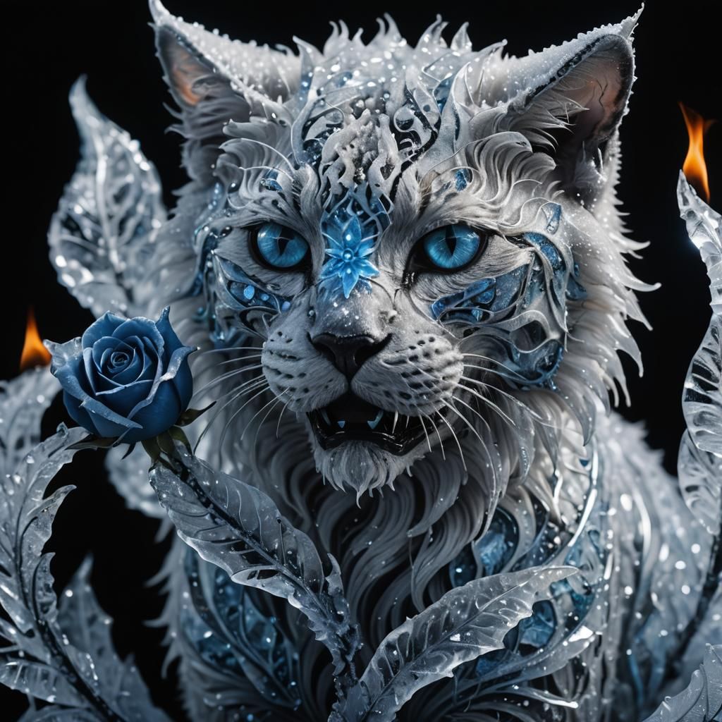 Mystical Ice Cat with Blue Rose in Noir Style