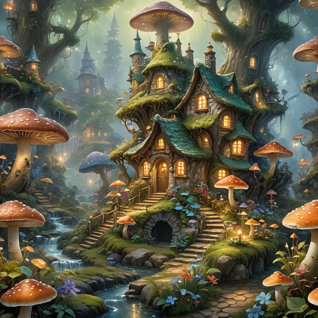 Enchanted Mushroom House with Fairy in Kinkade Style