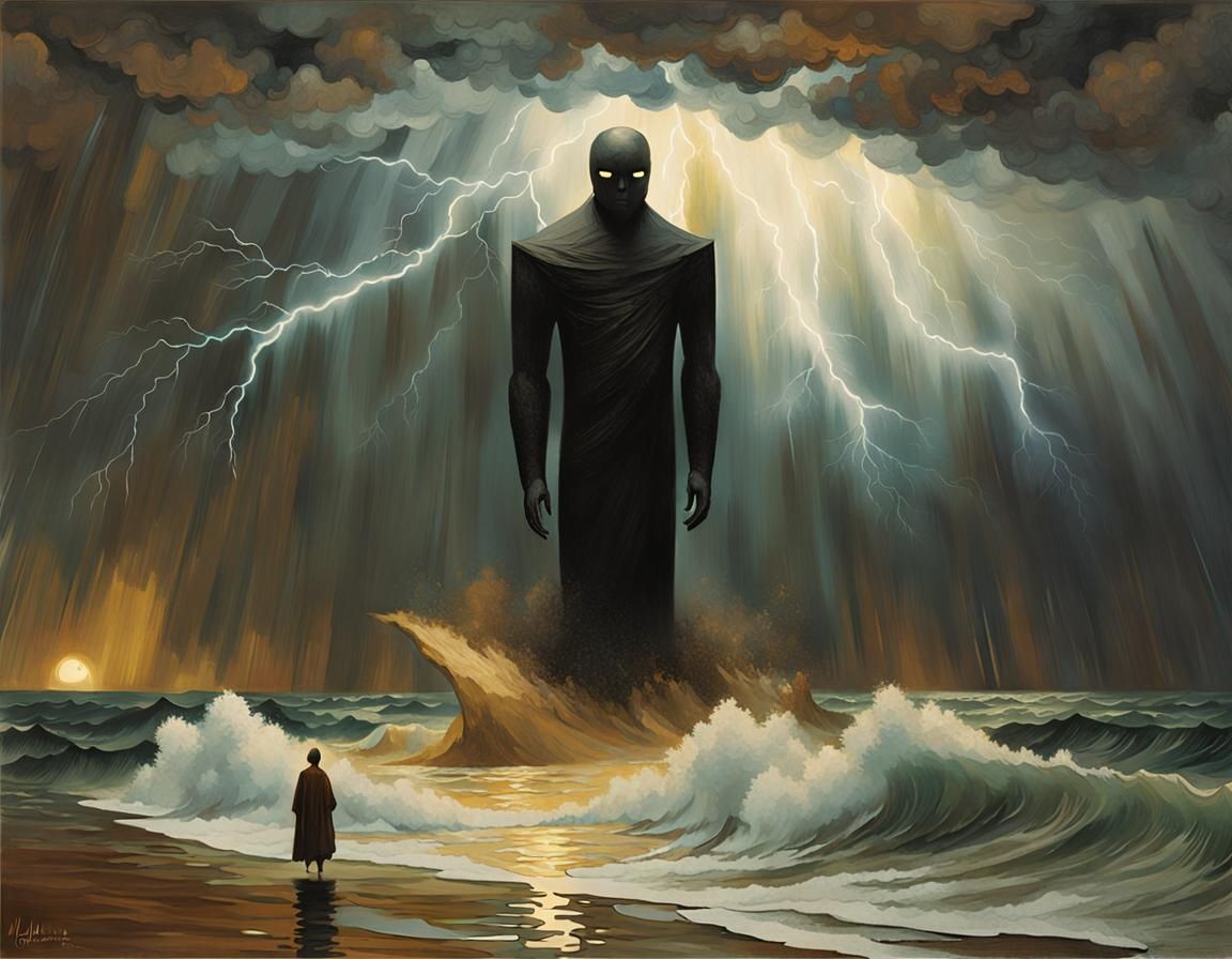Colossal Figure Rises from the Sea, Dramatic Painting