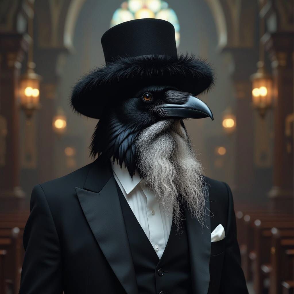 Raven Rabbi in Shtreimel, Mystical Realism Style