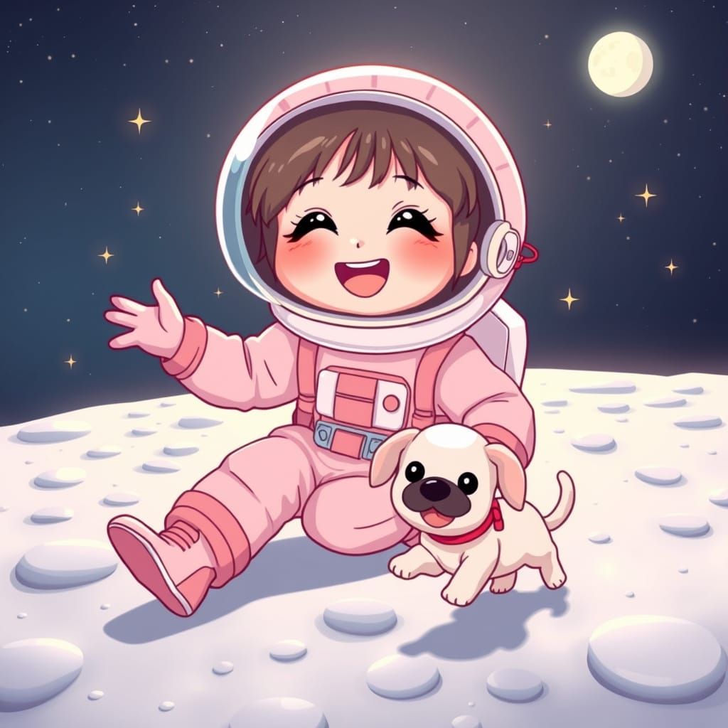 Kawaii Girl and Puppy Frolic on the Moon