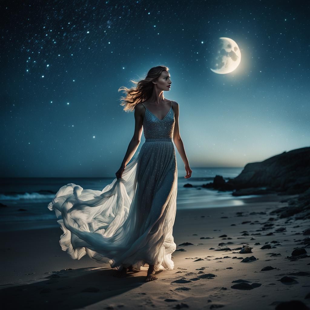 Moonlit Coastal Scene with Woman in Flowing Gown