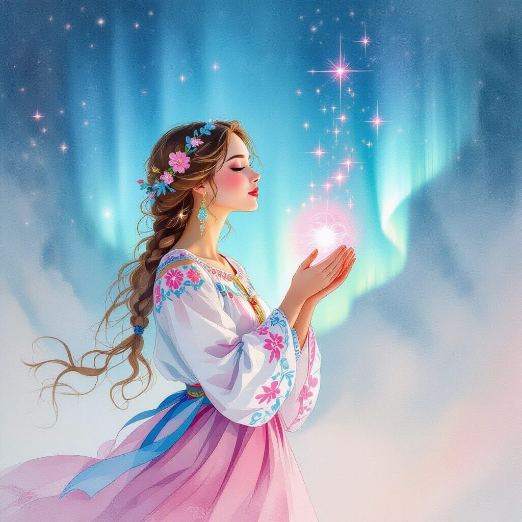 Ukrainian Woman Gazing at Rose-Colored Aurora in Art Nouveau...