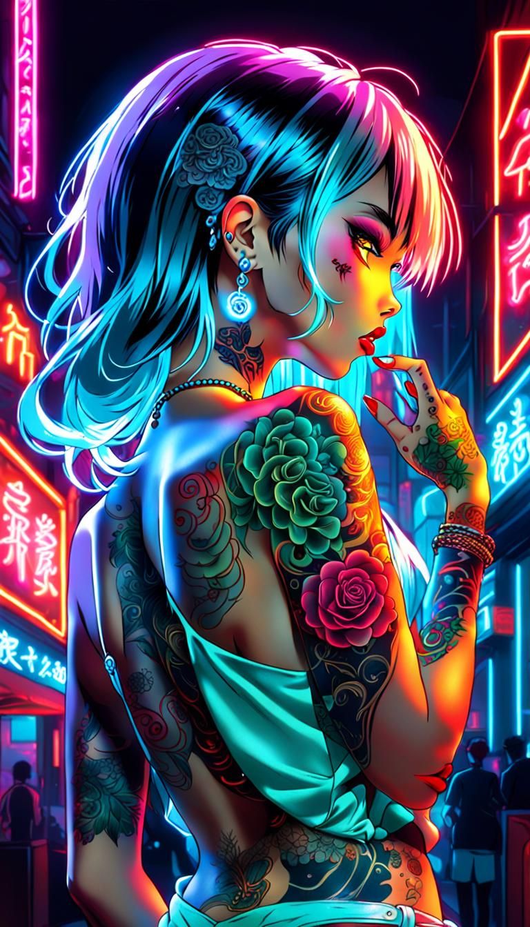 Cyberpunk Manga Woman with Neon Lights