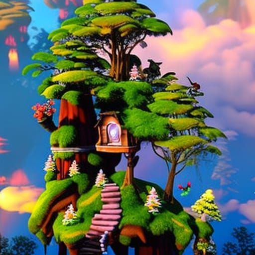 Gnomes Dancing by Treehouse in Kinkade Style