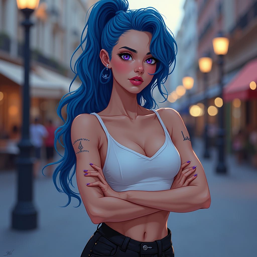 Elegant Warrior with Electric Blue Hair and Violet Eyes