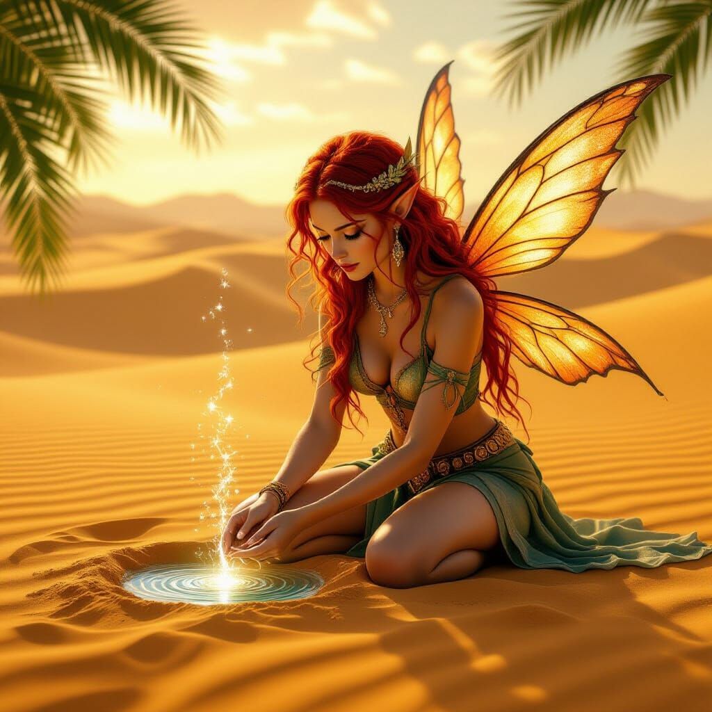 Desert Fairy Conjuring Spring in Hyperrealistic Style