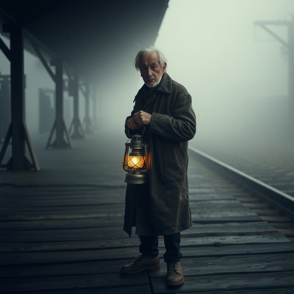 Old Man Lantern on Misty Platform: Nostalgic Realism