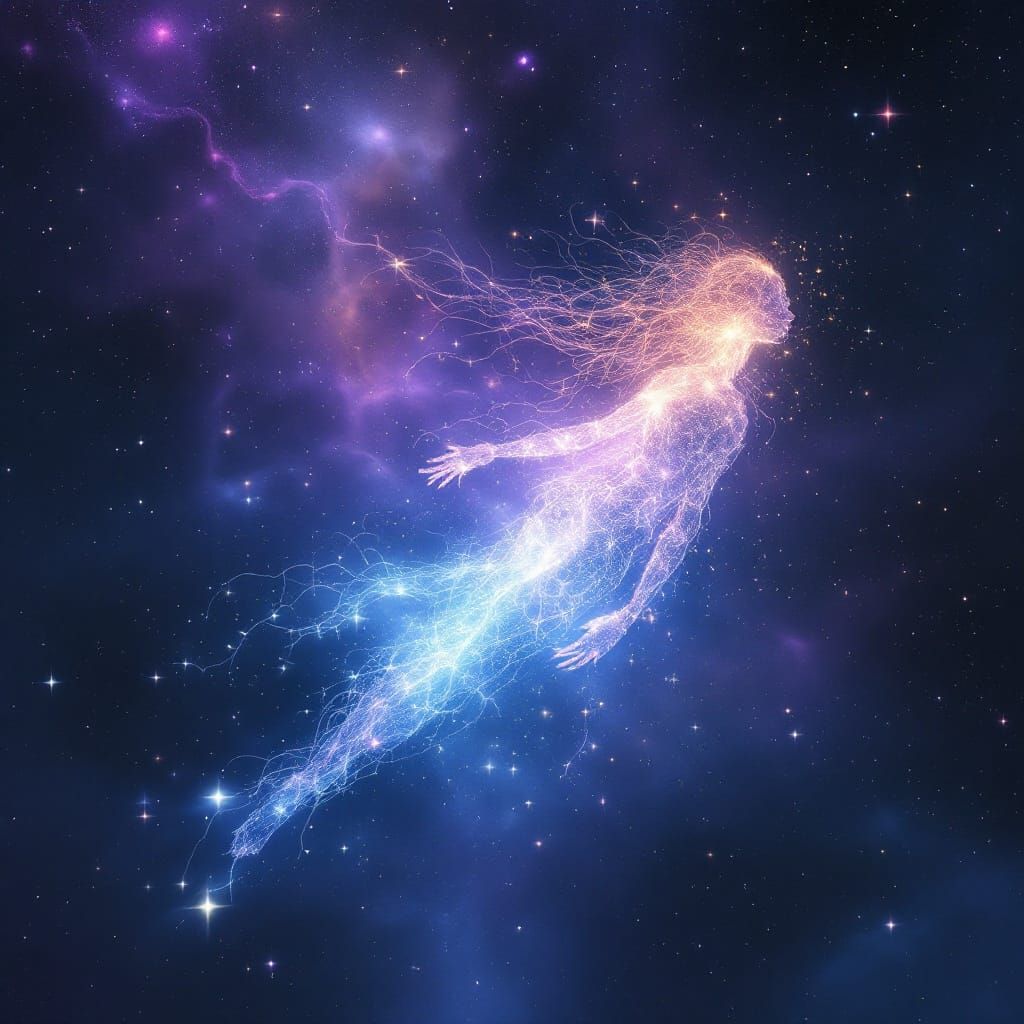 Iridescent Being in Starry Expanse: A Digital Rendering