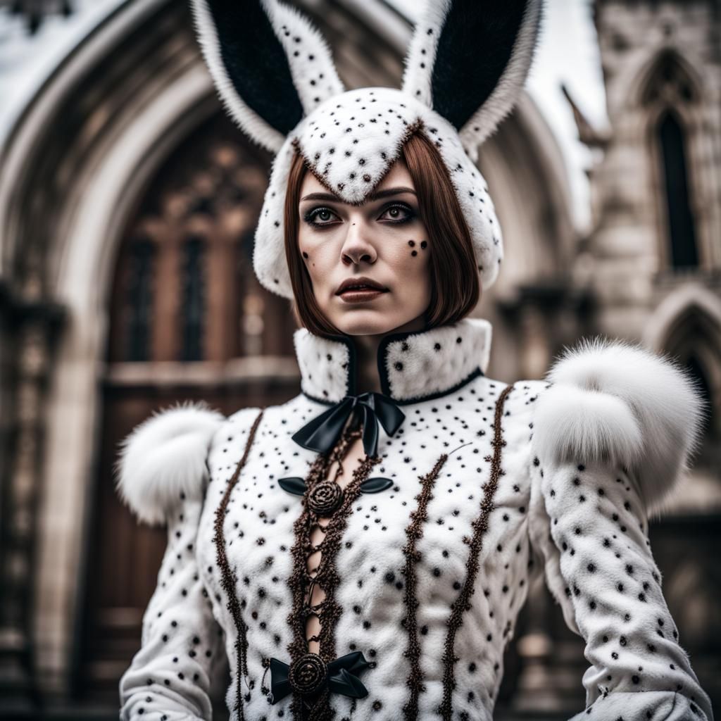 Person in Spotted Furry Suit in Gothic Dress