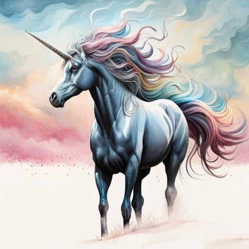 Majestic Unicorn in Colorful Ink Flow Landscape