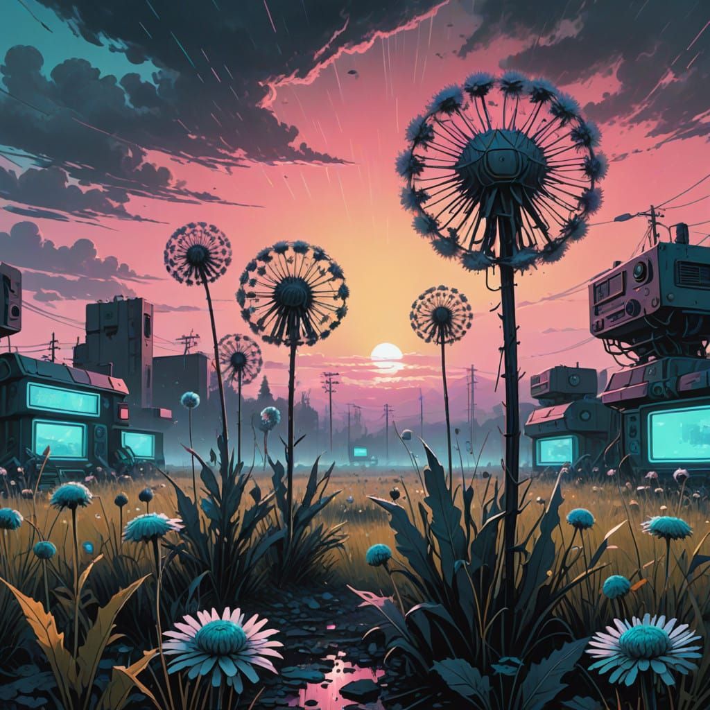 Robotic Dandelions Rise in Retro-Futuristic Sunset