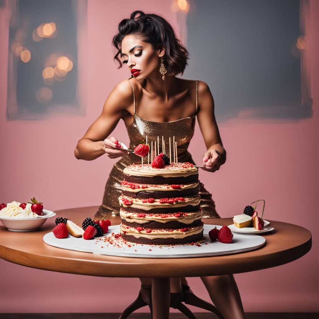 Sensual Woman in Spaghetti Strap Dress Eating Cake