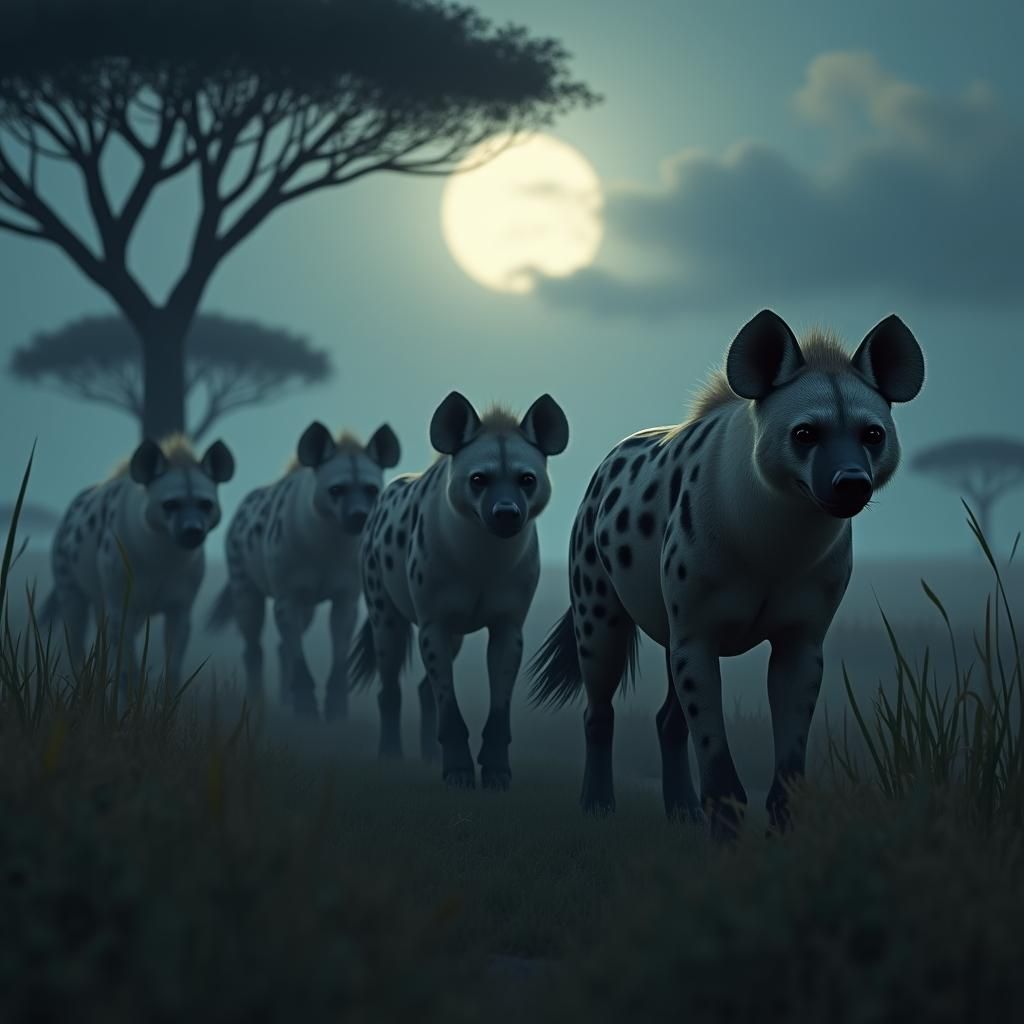 Hyenas Hunting in Moonlit Savannah, Anime-Inspired