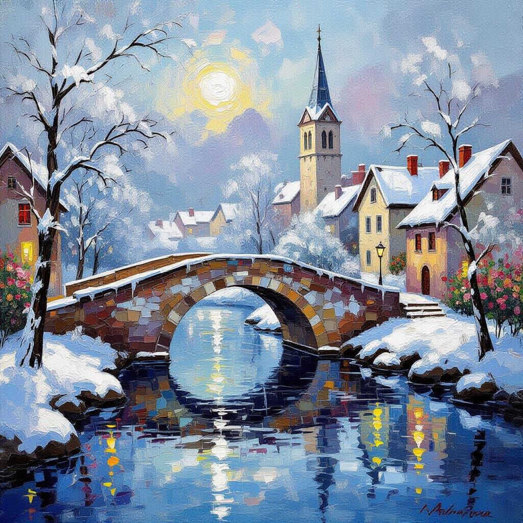 Impasto Oil Painting of Winter Bridge with Roses