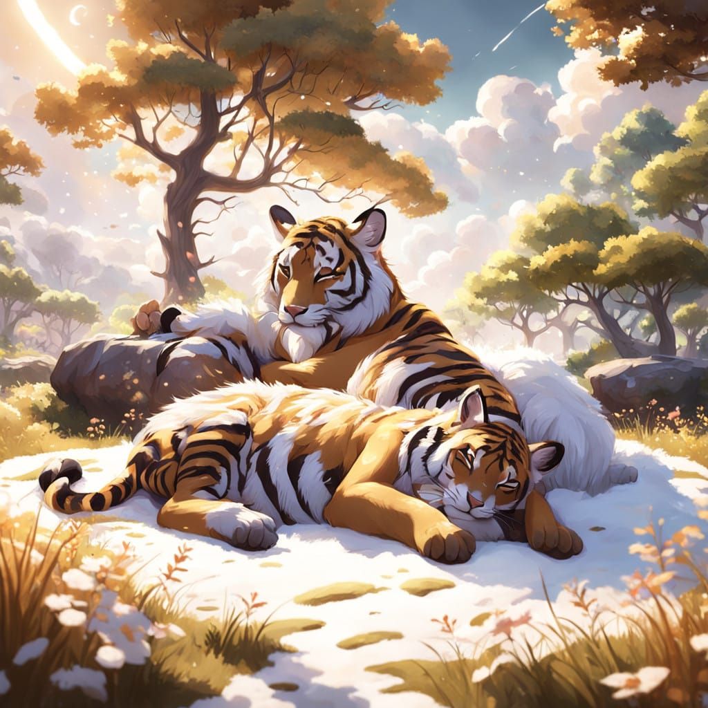 Serene 3D Anime Art of Sleeping Tiger and Deer in a Whimsica...