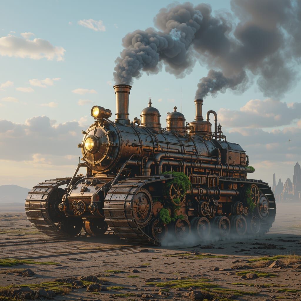 Steampunk City on Tank Treads in Dramatic Lighting
