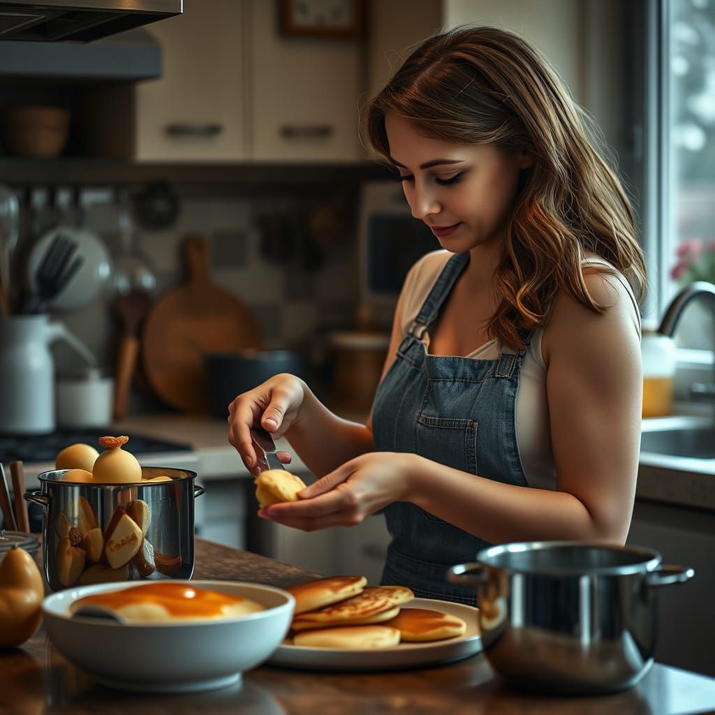 Sweet Mother Making Fluffy Pancakes in a Moody Kitchen