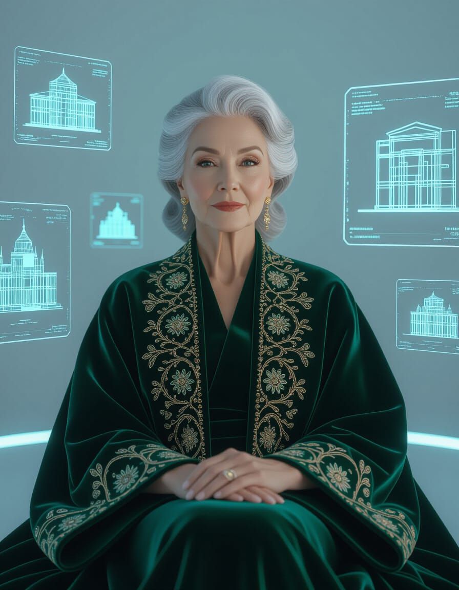 Elderly Woman in Futuristic Studio with Holographic Blueprin...