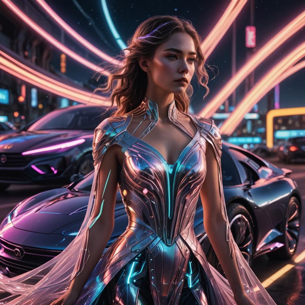 Elegant Lady and Futuristic Car in Neon-Lit Fantasy Art