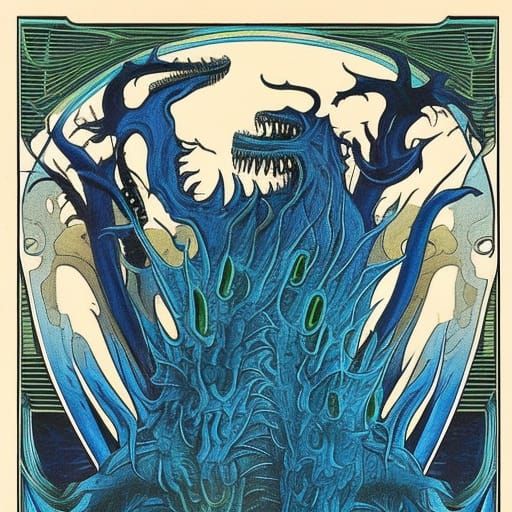 Monstrous Figures in Art Nouveau Cyberpunk Style