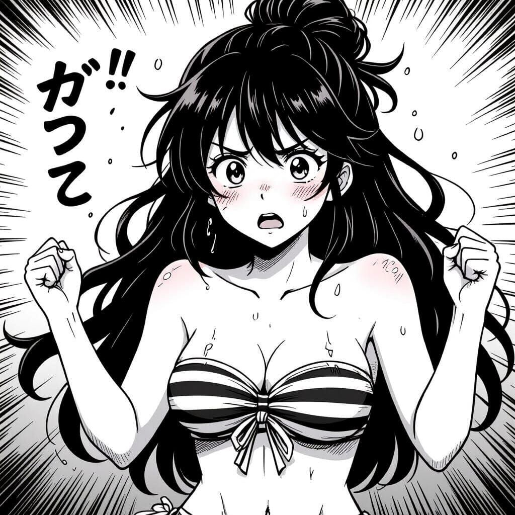 Flustered Anime Woman in Monochrome Manga Sketch