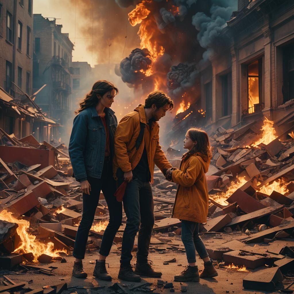 Man Rescues Girl Amidst Explosive Destruction