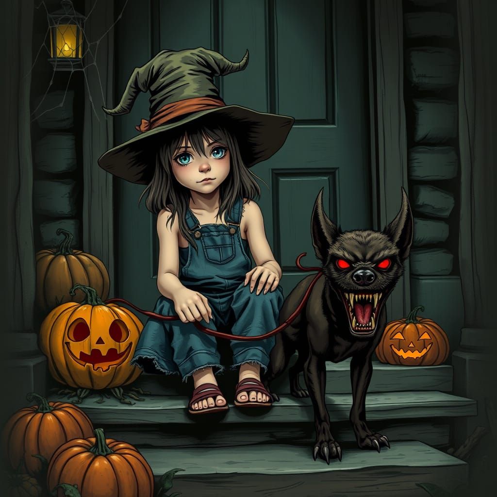 Girl with Grotesque Demon Dog in Dark Fantasy Halloween Scen...